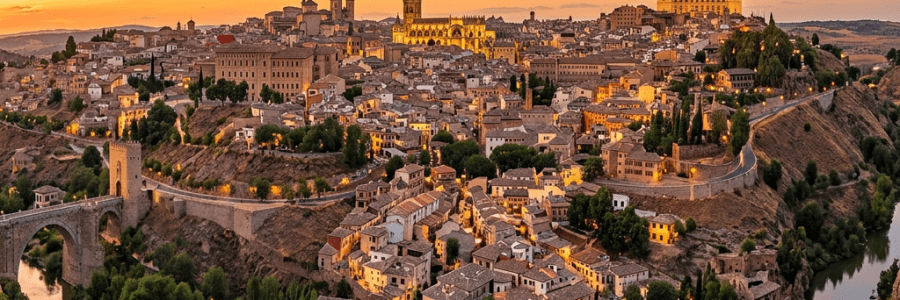 Panoramic view of Toledo city with historic buildings and river at sunset