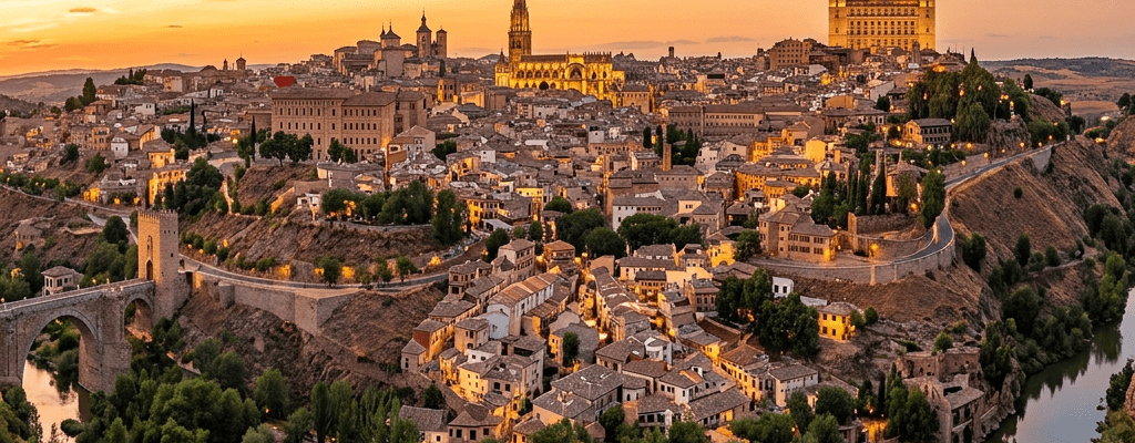 Panoramic view of Toledo city with historic buildings and river at sunset